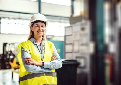 Woman in PPE smiling with arms crossed